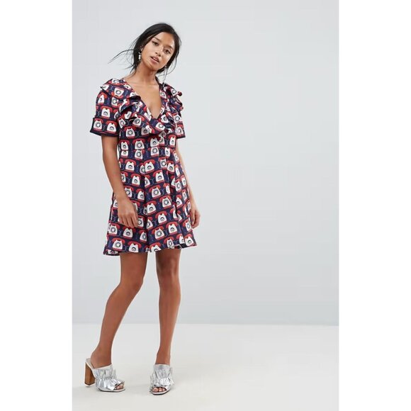 NWT Sister Jane Telephone Print Tea Dress With Frills Blue Multicolor Small - Picture 3 of 15